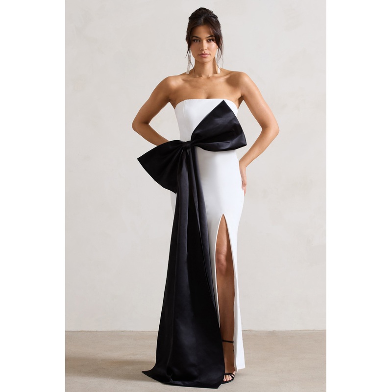 Sincerely | White Bandeau Split Maxi Dress With Oversized Black Bow
