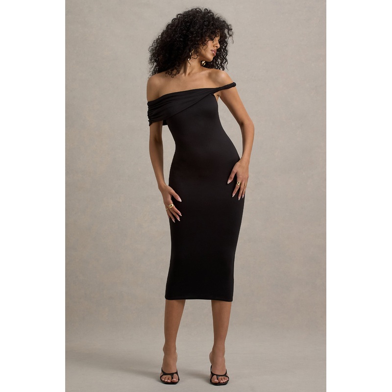 Skye | Black Twisted Bardot Midi Dress