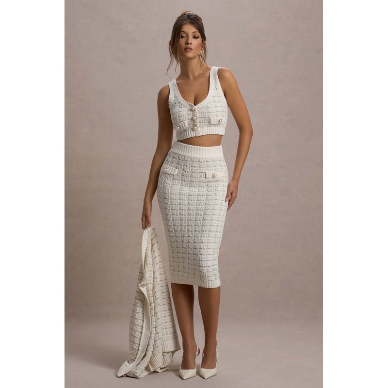 Stellina | Cream Boucle High-Waist Bodycon Midi Skirt