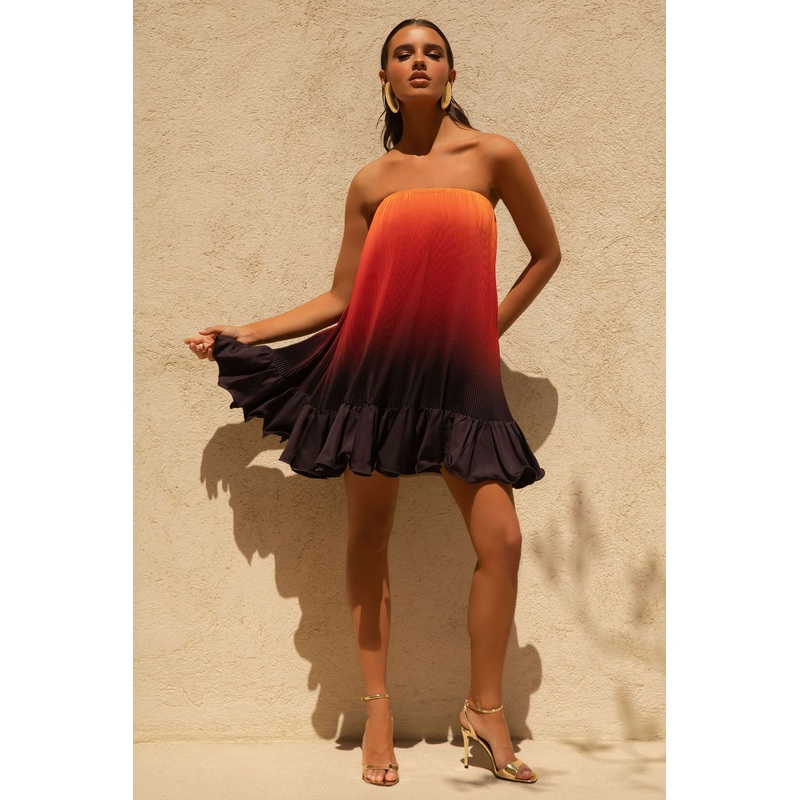 Tropical | Orange Ombre Satin Mini Dress With Ruffle Hem