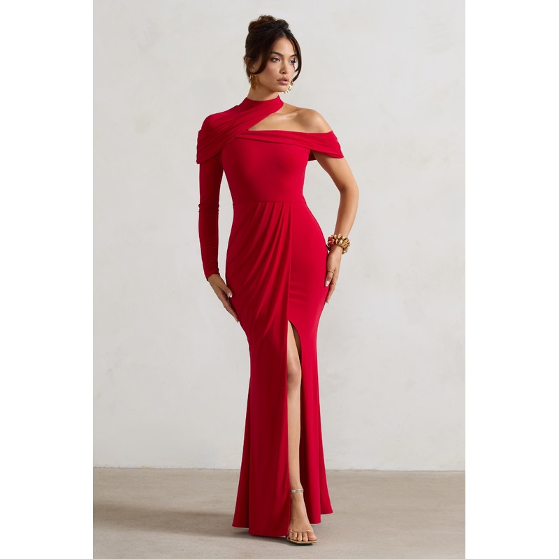 Tyla | Red Asymmetric High-Neck Split Maxi Dress