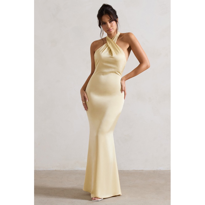 Unbeatable | Lemon Satin Cross Over Halter-Neck Maxi Dress