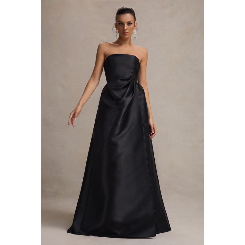 Universe | Black Bandeau Puff-Skirt Split Maxi Dress