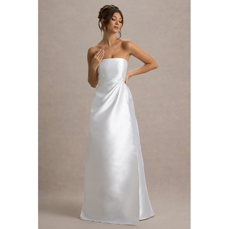 Universe | White Bandeau Split Puff-Skirt Maxi Dress