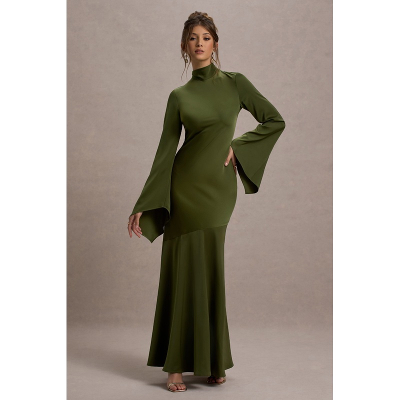 Veena | Olive Green Satin High-Neck Maxi Dress