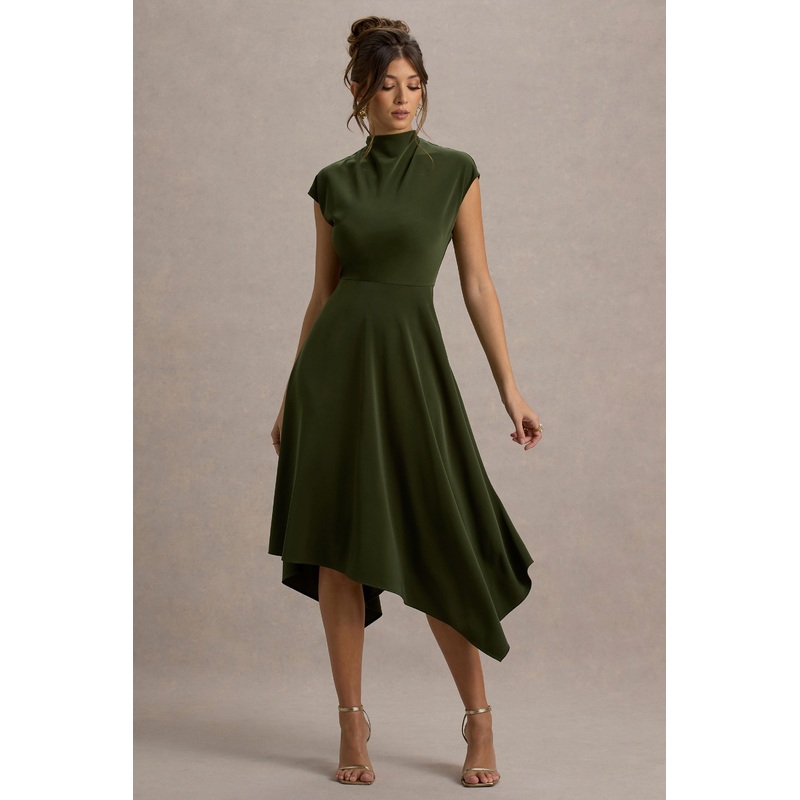 Velma | Olive Satin Midi Dress With Draped Hem