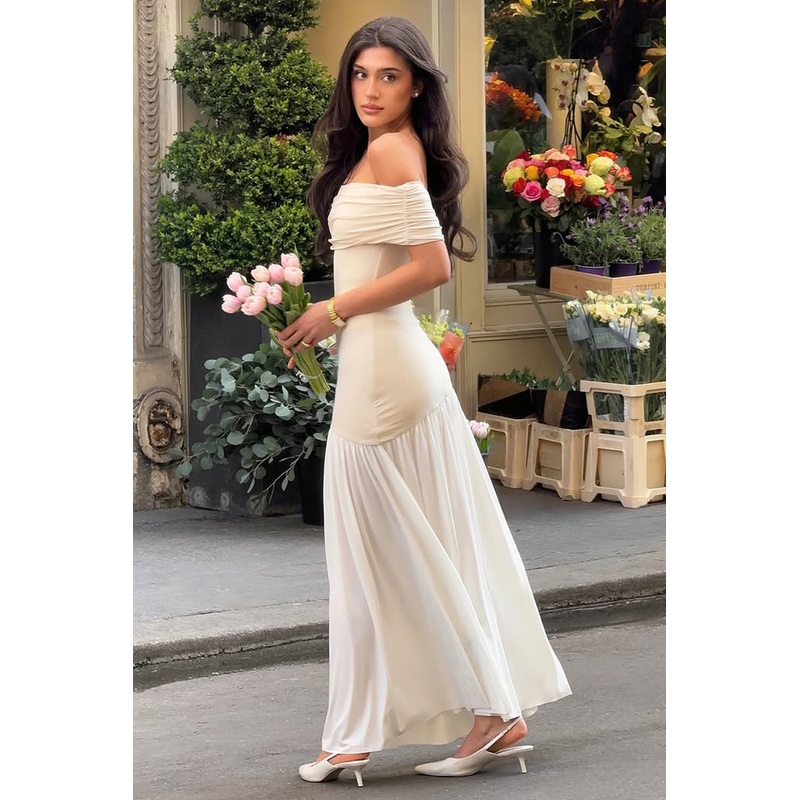 Venezia | Stone & White Bardot Puff-Skirt Maxi Dress