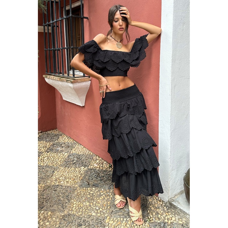 Vista | Black Broderie Ruffled Tiered Maxi Skirt