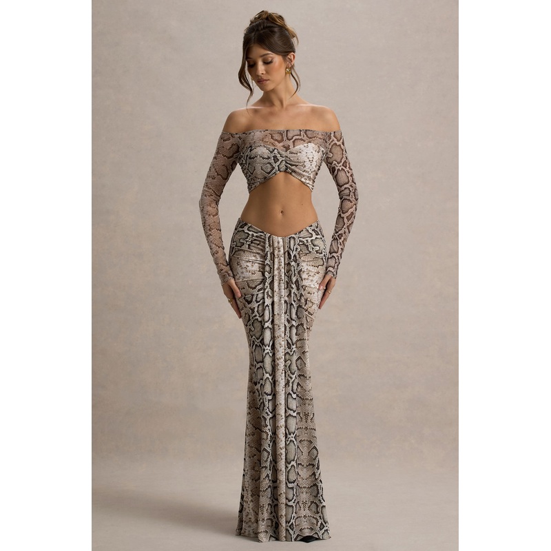 Vitality | Snake Print Ruched Drape Maxi Skirt