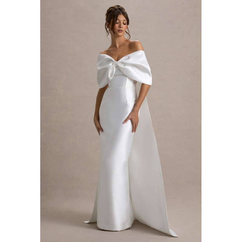 Wanting More | Off White Satin Cape Maxi Dress With Oversized Bow