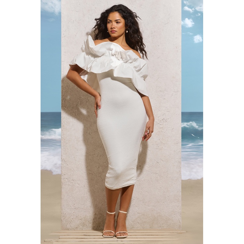 When In Rome | White Asymmetric Ruffle Midi Dress