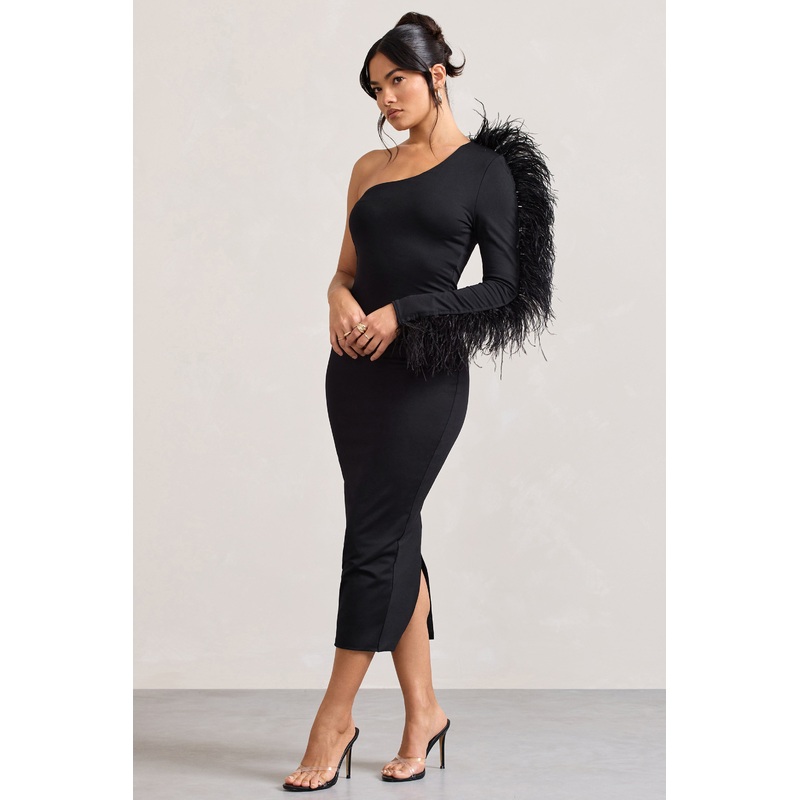 Wild One | Black One-Shoulder Bodycon Midi Dress With Feather-Trimmed Sleeve