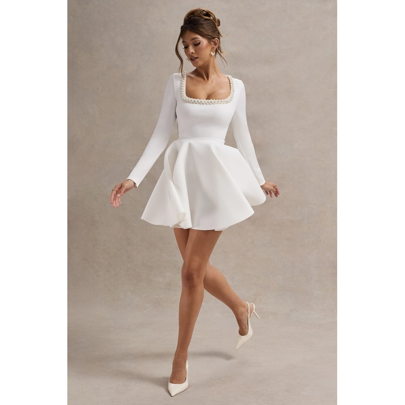 Wilder | White Square-Neck Long-Sleeve Skater Mini Dress