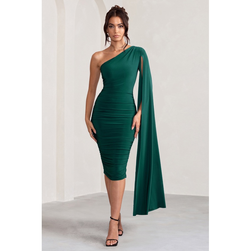 Yara | Bottle Green One Shoulder Cape Ruched Midi Dress