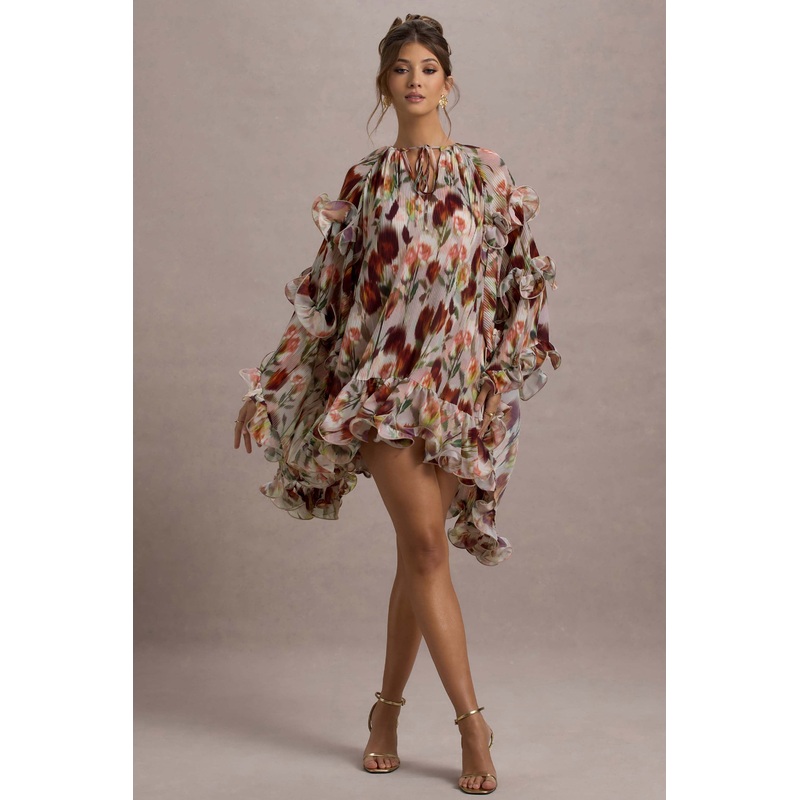 Abelia | Cream Floral Print High-Neck Cape-Sleeve Chiffon Mini Dress