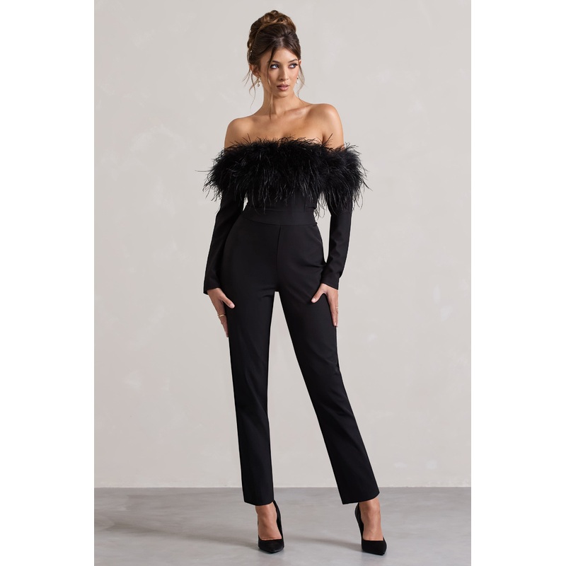 Ales | Black Bardot Tailored Straight-Leg Jumpsuit With Feather Trim