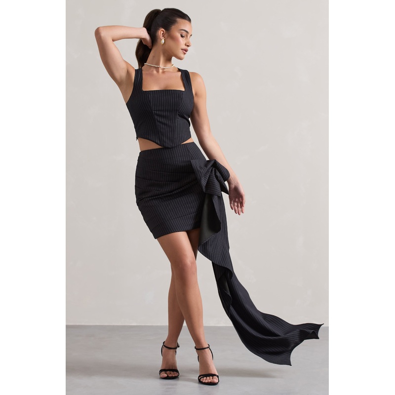 All The Talk | Navy Pinstripe Wrap Mini Skirt With Side Drape