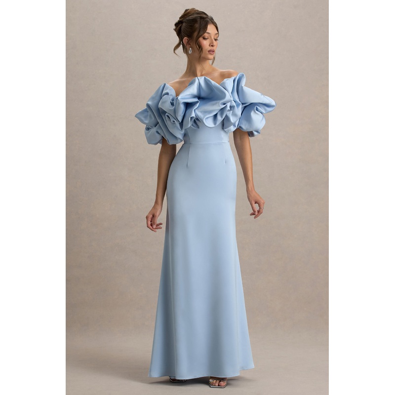 Allie | Powder Blue Puff Bardot Maxi Dress