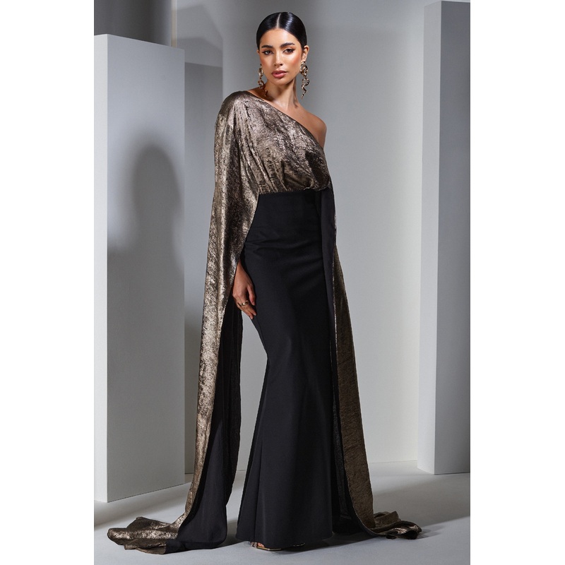 Alura | Black & Gold Metallic One Shoulder Cape Maxi Dress
