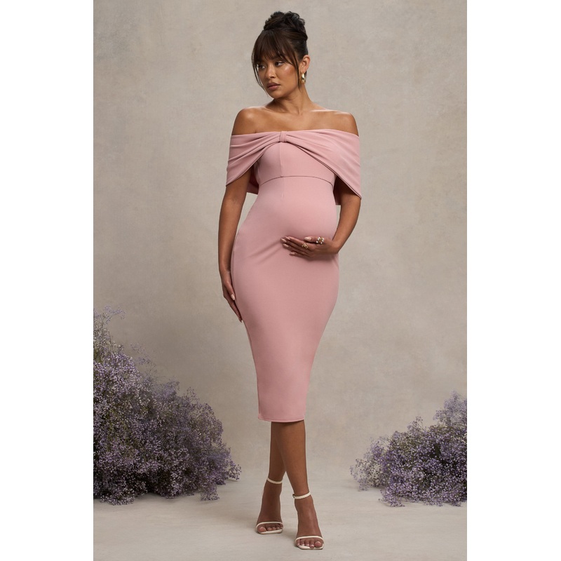 Alyssa | Blush Bardot Bow Maternity Midi Dress with Ruching