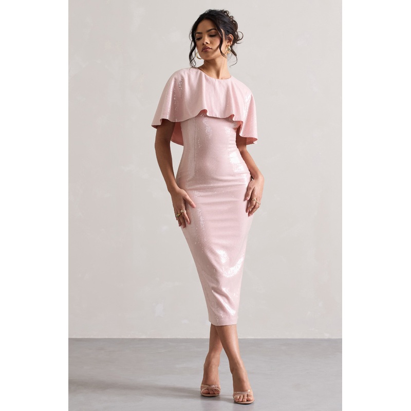 Amelie | Pastel Pink Sequin Midi Dress With Cape
