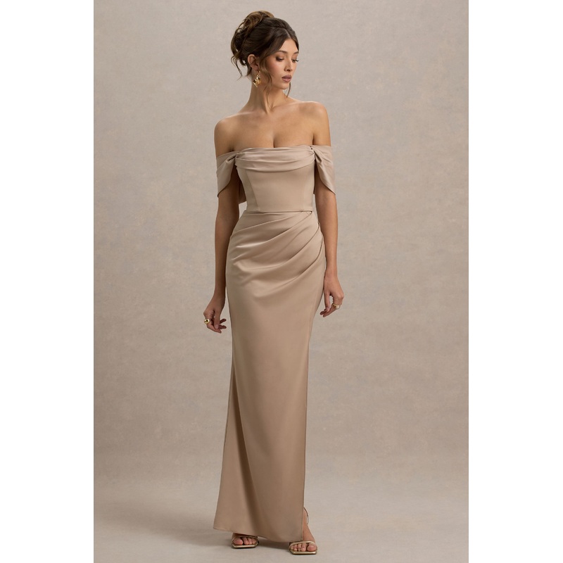 Annie | Champagne Satin Bardot Maxi Dress With Split Wrap Skirt