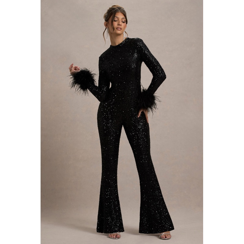 Asteroid | Black Sequin Long-Sleeve Jumpsuit With Feather Cuffs