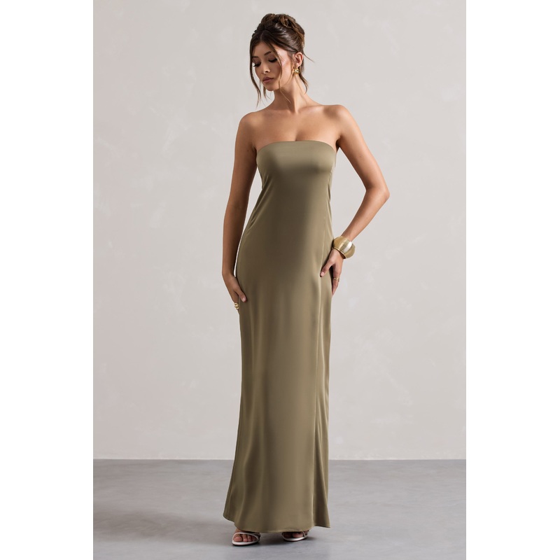 Azra | Olive Satin Bandeau Maxi Dress