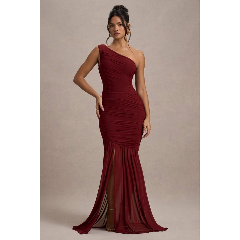 Bastia | Burgundy Ruched Mesh Asymmetric Maxi Dress