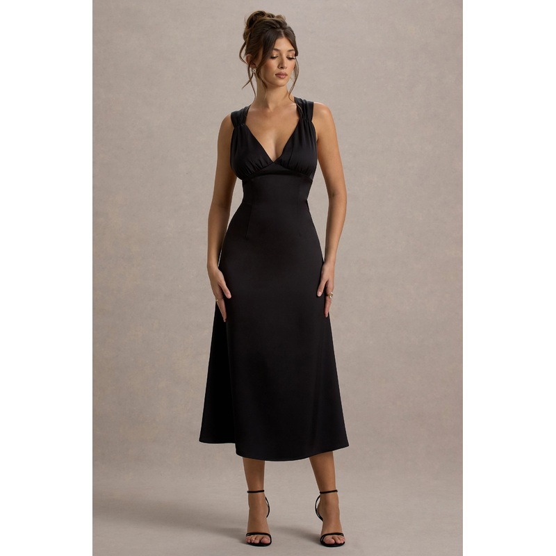 Beck | Black Satin Plunge-Neck Cross-Back Midi Dress