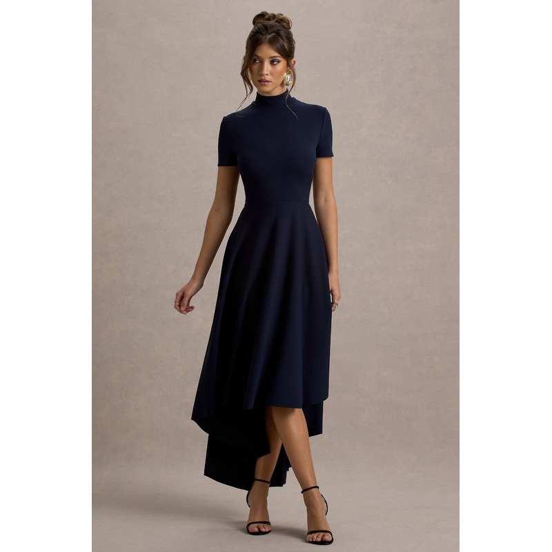 Bellona | Navy High-Neck High-Low Midi Dress