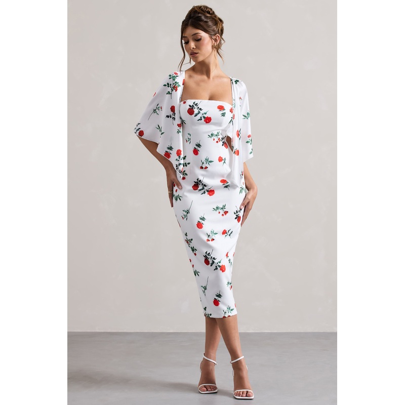 Bonita | Rose Print Cape-Sleeve Midi Dress