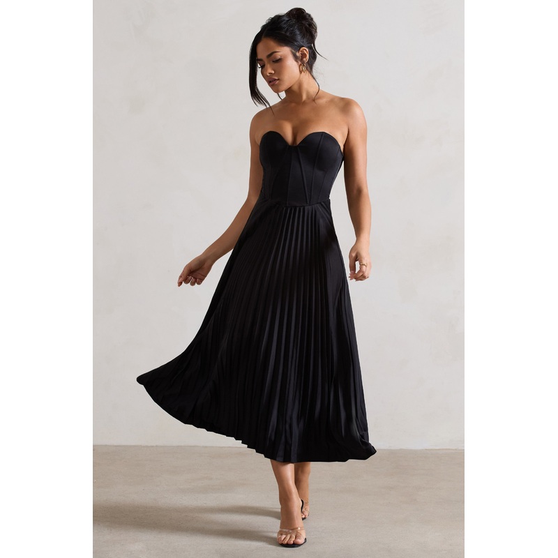 Bordeaux | Black Satin Corset Style Midi Dress