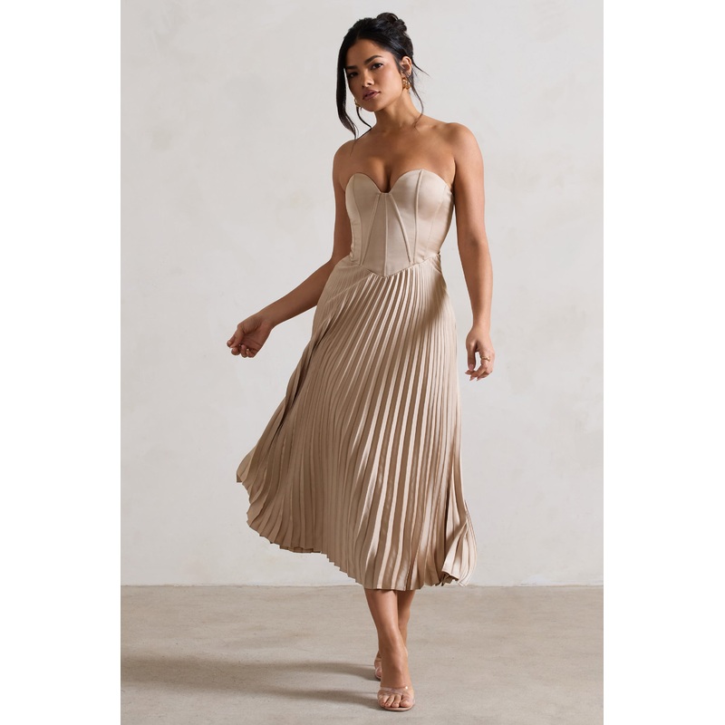 Bordeaux | Champagne Satin Corset Style Midi Dress