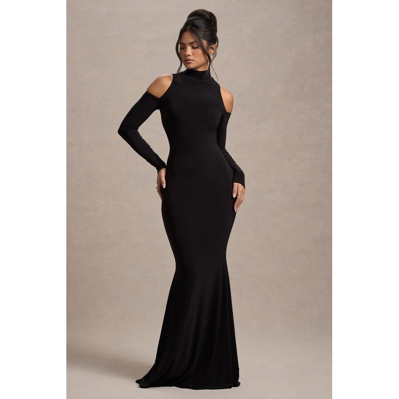 Catarina | Black Turtle-Neck Long-Sleeve Maxi Dress With Cold Shoulders