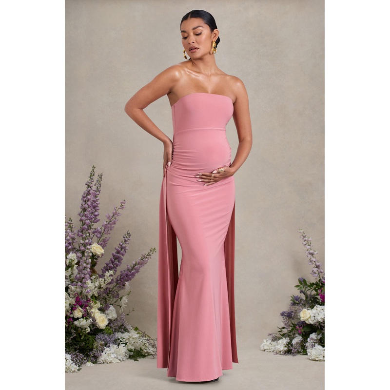 Christina | Blush Pink Bandeau Sleeveless Maternity Maxi Dress With Cape