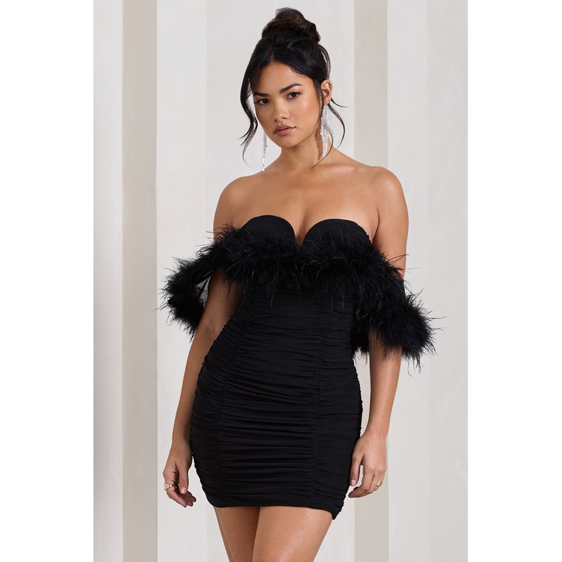 Confetti | Black Sweetheart Mini Dress With Chiffon Feather Sleeves