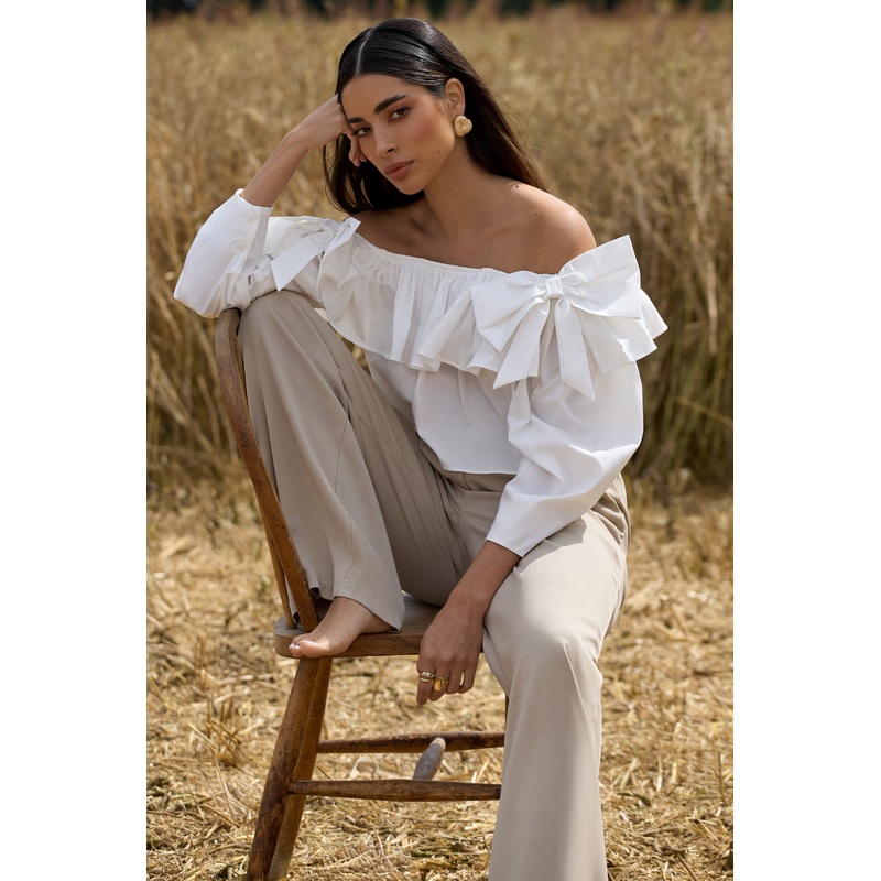 Cove | White Bardot Puff-Sleeve Ruffle Top With Bows