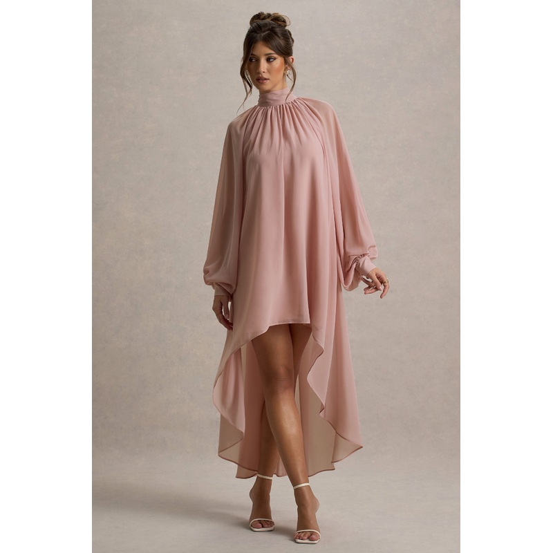 Delphia | Pale Pink High-Neck Maxi Dress With High-Low Hem