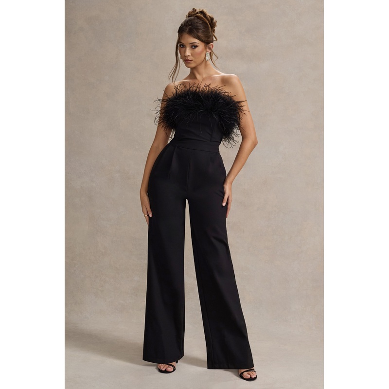 Delta | Black Feather Bandeau Wide-Leg Jumpsuit