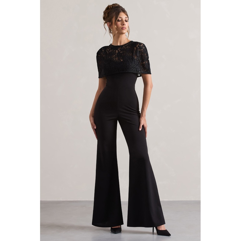 Endless | Black Flared-Leg Jumpsuit With Lace Overlay