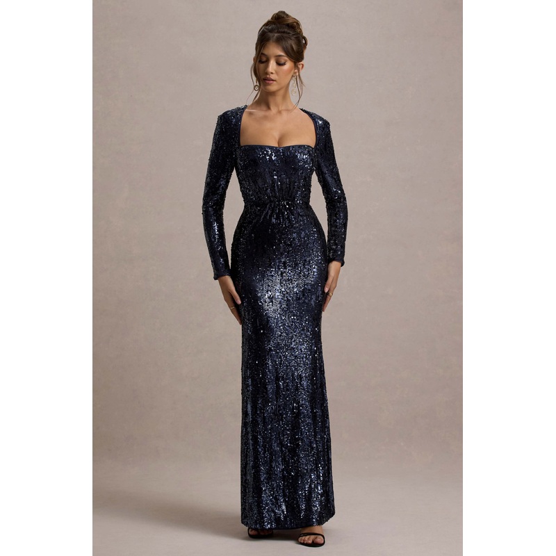 Ensley | Navy Sequin Sweetheart Long-Sleeve Maxi Dress