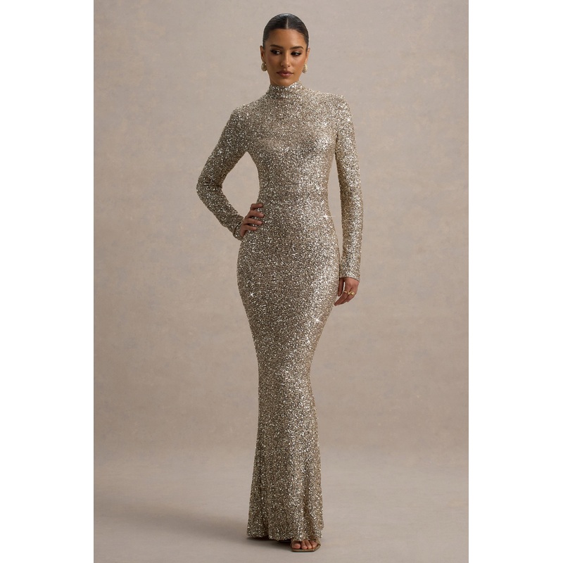Galaxy | Champagne Sequin Turtle-Neck Long-Sleeve Maxi Dress