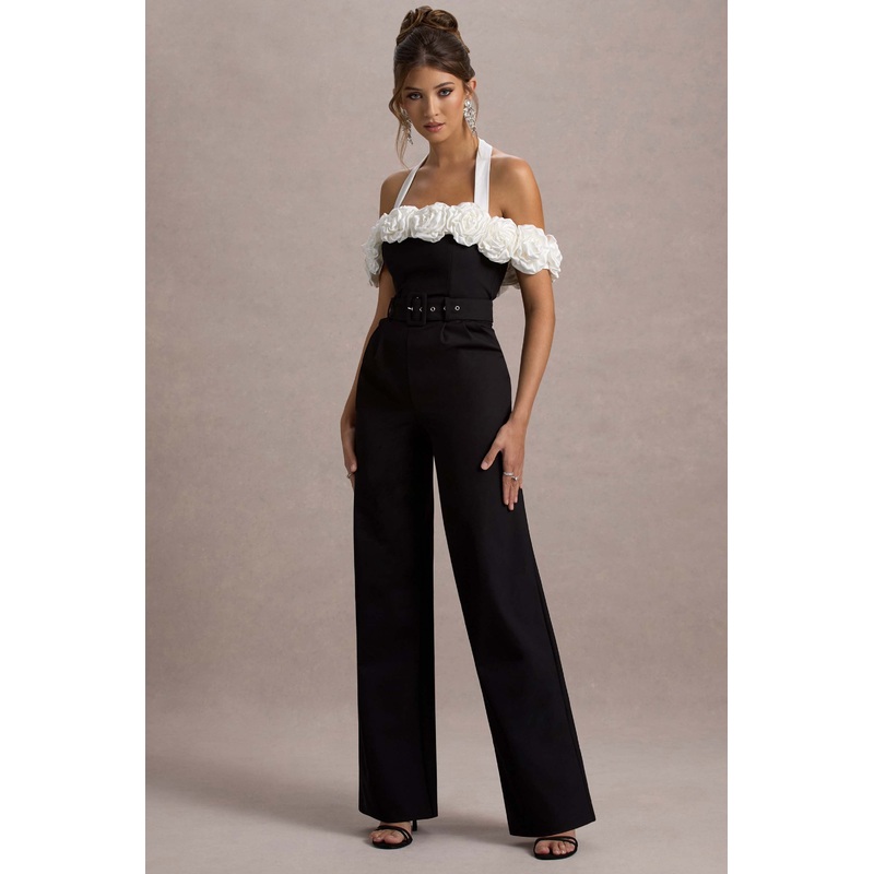 Genny | Black Tailored Wide-Leg Jumpsuit With Flowers