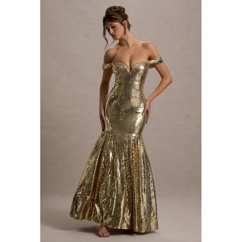 Guest Of Honour | Gold Sequin Bardot Maxi Dress
