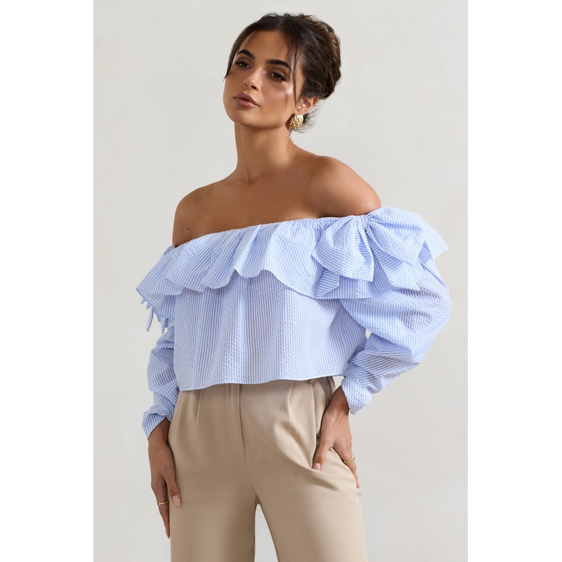 Harbour | Blue Pinstripe Bardot Puff-Sleeve Top With Bows