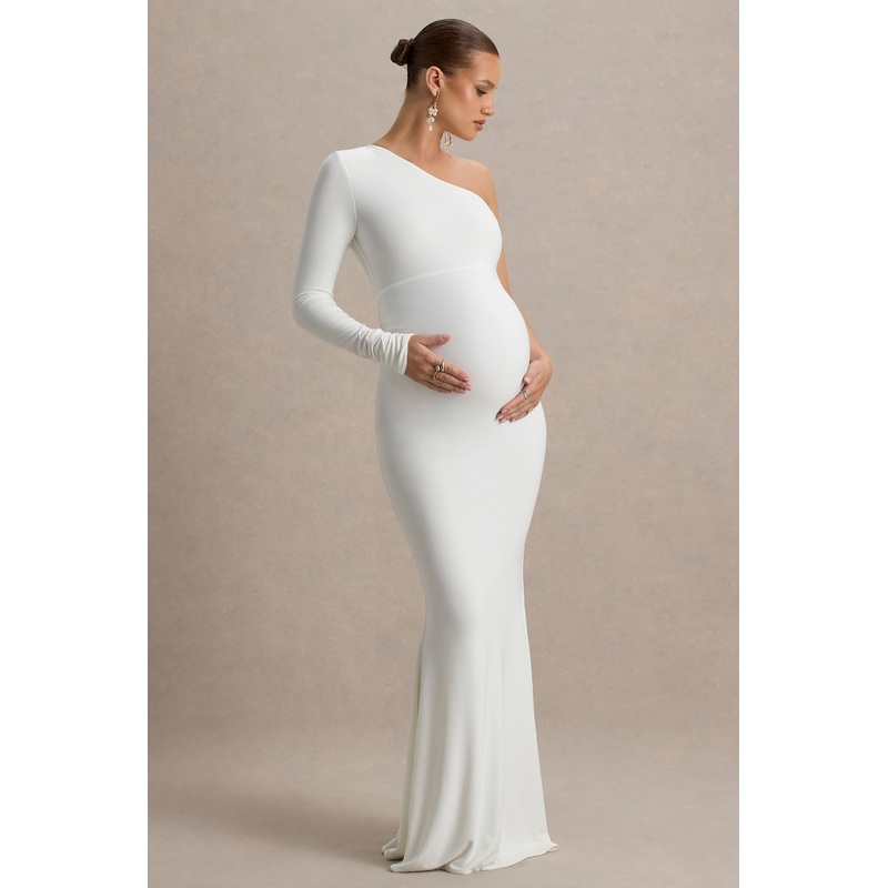 Heloise | White Asymmetric One-Sleeve Maternity Maxi Dress