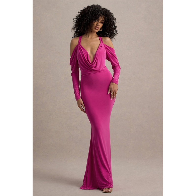 Hurghada | Hot Pink Plunge-Neck Long-Sleeve Maxi Dress