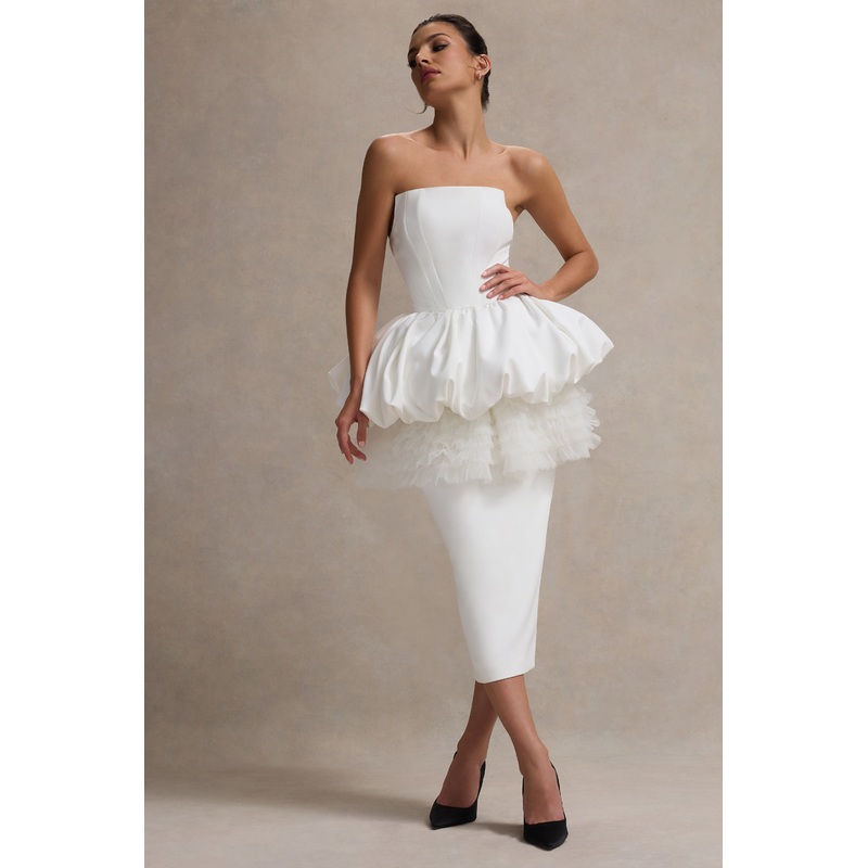Jones | White Strapless Midi Dress With Tulle Peplum Waist