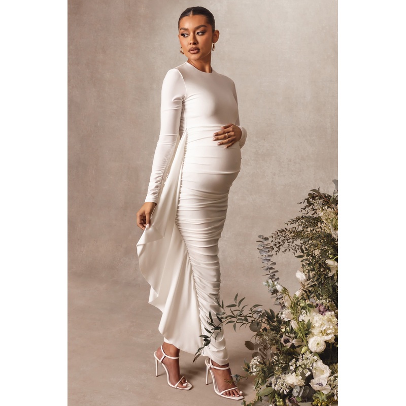 Kiara | White Long Sleeve Ruched Maternity Midi Dress with Frill Detail